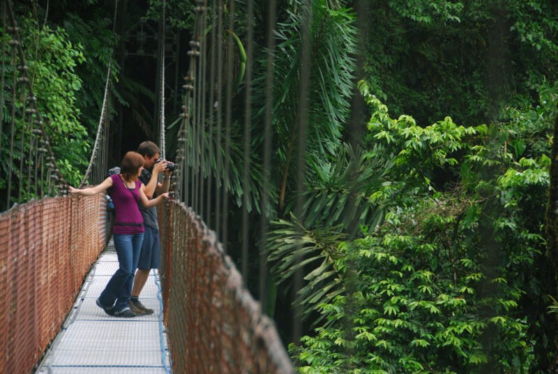Travelers exploring a hanging bridge in Costa Rica’s rainforest