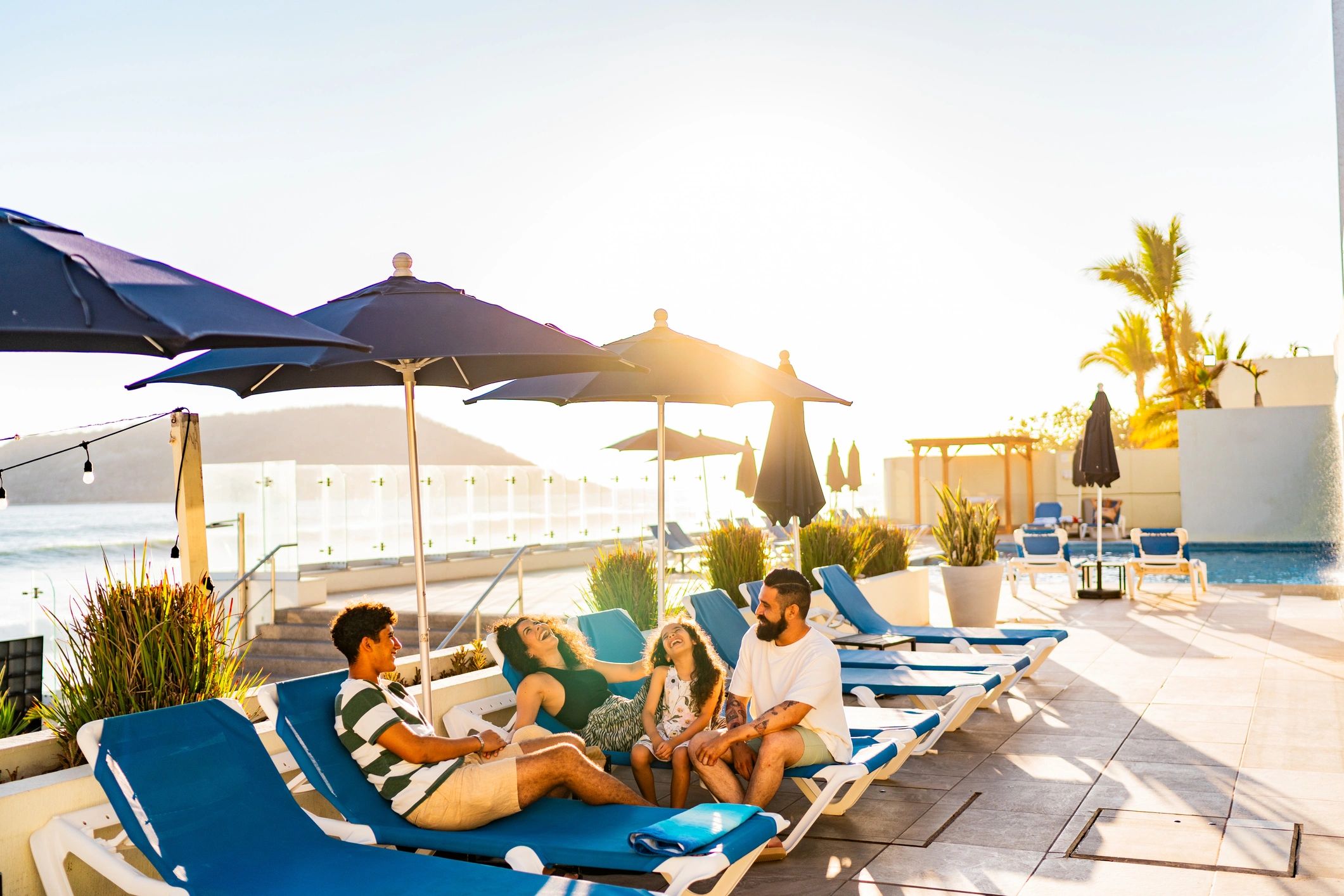 Family talking on tourist resort